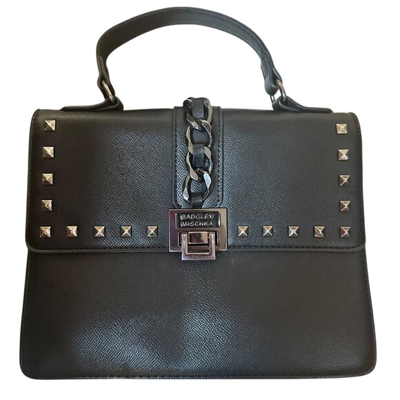 Badgley Mischka Purse Black Studded Vegan‎ Leather Top Handle Bag Chain Accent - Picture 1 of 9